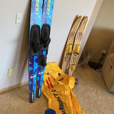 Pair Of Obrien And Captain Kid Water Skis With Ski Rocket II Boat