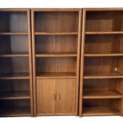 Two Wooden Shelves With Center Matching Shelf And Cabinet