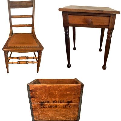 Vintage Chair, Rustic End Table and Vintage Water Crate