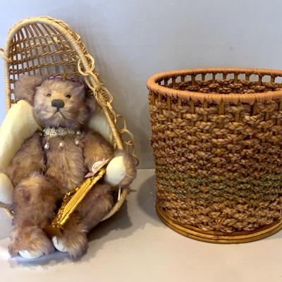 Annette Funicello Hope Plush Angel 16" Bear With Wicker Egg Chair & Braided Basket
