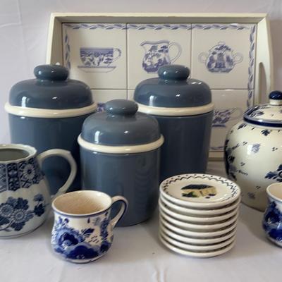Ceramic Storage Containers, Tray, Tea Pot/ Cups  And Small Plates 