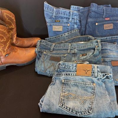 Men’s Justin Roper Boots (Size 9D) & 5 pairs of Wrangler Jeans 