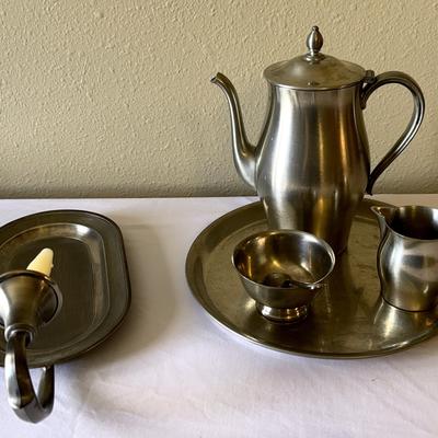 Pewter Pitcher, Sugar/creamer With Tray & Candlestick Holder 