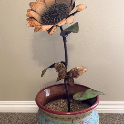 Ceramic Pot With Metal Sunflower - Very Heavy