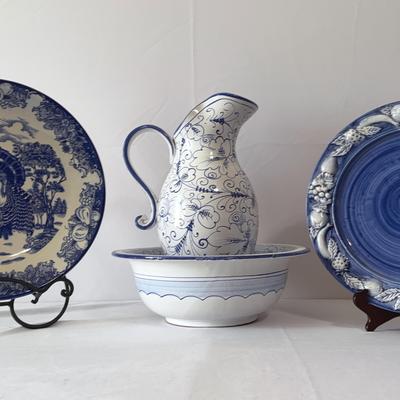 Beautiful Blue Large plates Casafina  Portugal, & Pitcher With Basin