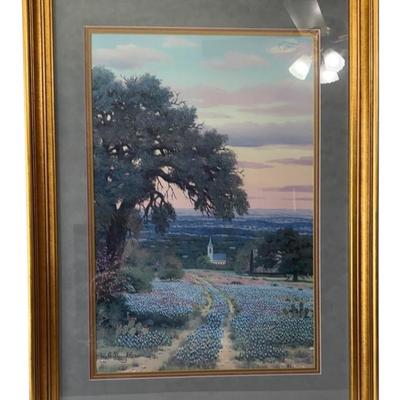 W.A. Slaughter: Texas landscape with bluebonnets and a church