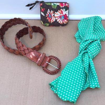 A Classy Woman’s Assessories - Leather belt, scarf and Vera Bradley pocket purse 