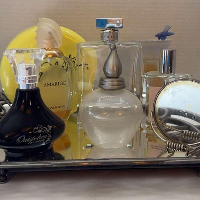 Vanity Tray / Frame With A Variety Of Perfumes And Compact Mirror
