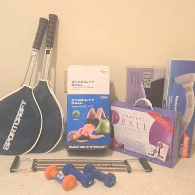 Workout Essentials Includes Stability Balls, Hand Weights, Scale, Hand Massager & Badmiton Rackets