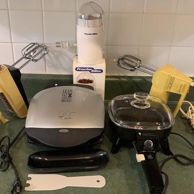 Two Handheld Mixers, George Foreman Grill, Electric Skillet, Coffee Grinder