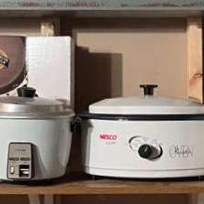 Shelf Of Small Appliances With Rice Cooker, Breadmaker, Roaster And More