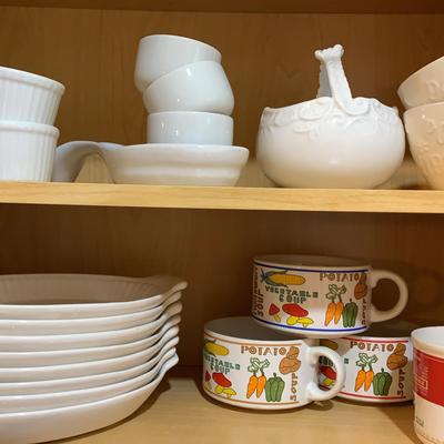 Kitchen Cabinet Cleanout, Colorful Soup Mugs And White Ironstone Pieces