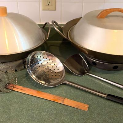Two Large Woks With Lids, Grill Grate Risers And Utensils #2
