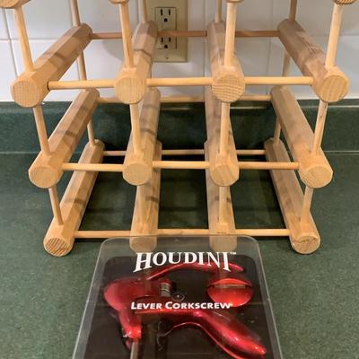Houdini Lever Corkscrew And Wooden Twelve Bottle Wine Rack