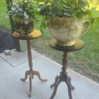 Vintage Round Plant Stands With Floral Decor