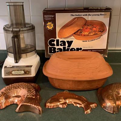 Le Chef Food Processor, Italian Clay Baker And Three Copper Over Aluminum Fish Molds