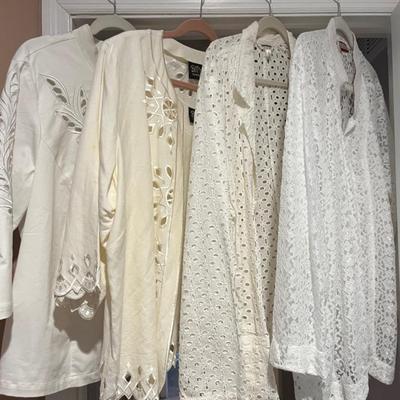 Bob Mackie Cotton and Linen Cutwork Jackets with Top Plus Lace and Eyelet Tops, 1X and 2XL