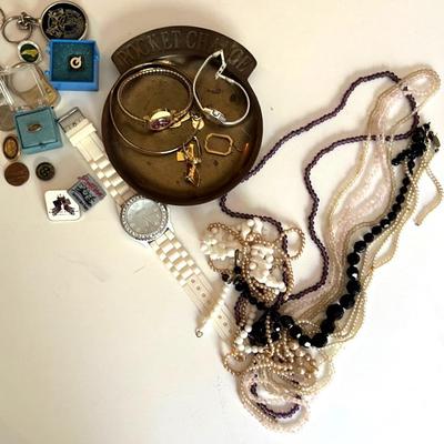Vintage Beaded Necklaces, Ring, Watches with Brass Change Dish and Pins