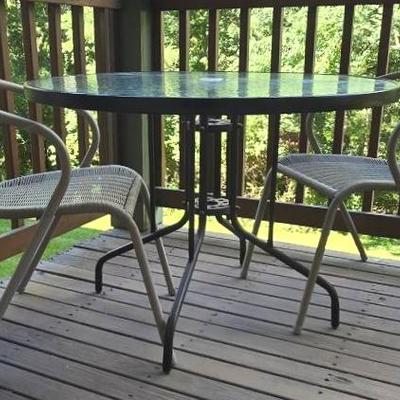Outdoor Metal Round Glass Top Table With Two Grey Wicker Style Chairs