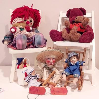 Collectible Dolls And Bears With Marionette And Painted Wooden Chairs