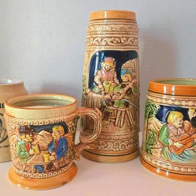 Vintage Collection Of Beer Steins With Gesundheit Beer Stoneware, Ceramic Mugs