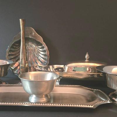 WM. Rogers Silverplate Butter Dish, FB Rogers Serving Tray, Oneida Shell Platters(2) W/ Misc Pewter