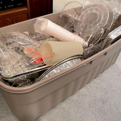 Bin Of Catering Plastic Serveware, Aluminum Trays And Resin Glasses