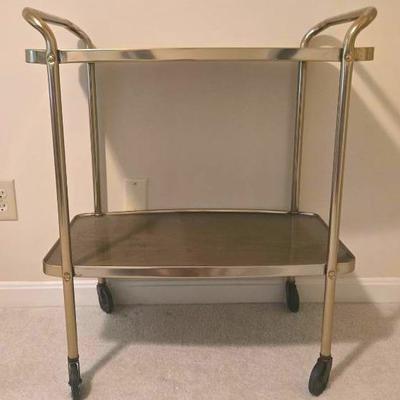 Vintage COSCO 2 Tier Metal Rolling Bar Cart Wood Grain Brown Gold Serving Cart