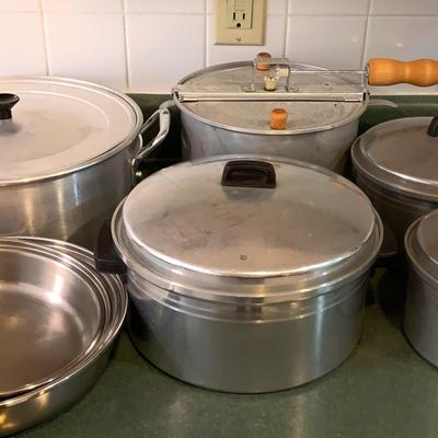 De Luxe Aluminum Ware Pots, “Theatre II” Popcorn Maker And Two Stainless Steel Pans