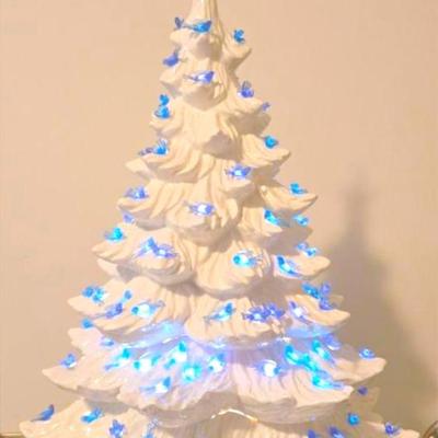 Vintage 24" Tall Ceramic Lit Christmas Tree With Blue Birds