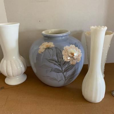 Milk Glass Vases And Decorated Pot