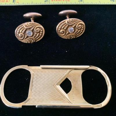 14k Diamond Cufflinks and 14k Cigar Cutter