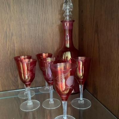 Vintage Bohemian Czech Cranberry Etched Glasses And Decanter