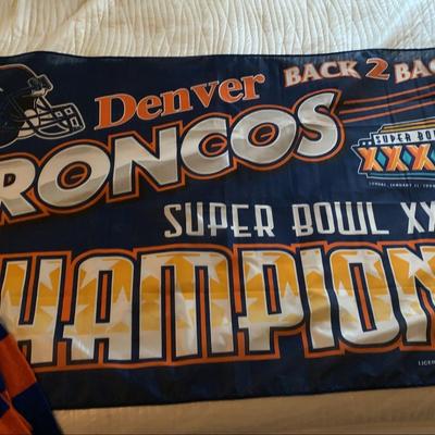 Denver Broncos 1999 Super Bowl Banner With Vintage Winter Broncos Hat And Scarves