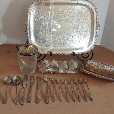Silverplate Tray, Butter Dish And Silverware