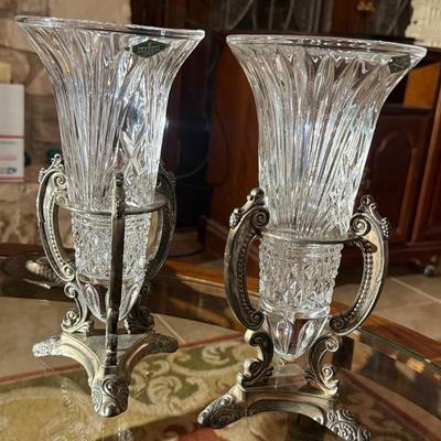 Set Of 2 Shannon Crystal Vases W/  Silverplated Stands 