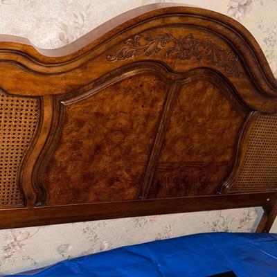 Queen  Wood & Cane Headboard Boxspring And Bed Rails 