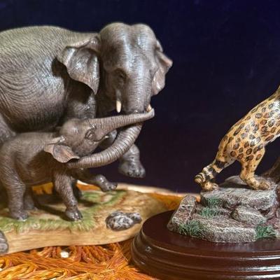 Wildlife Sculpture Pair – Lenox Elephants of Asia & Ocelot by Hamilton – Limited Editions – No COAs 