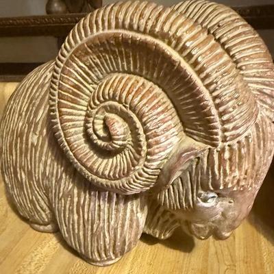 Pottery Ram Figurine with Spiraled Horns & Textured Wool Design