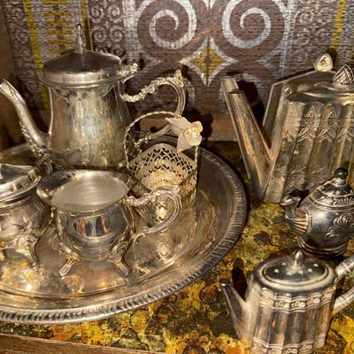 T59 – Vintage Silver-Plated Mini Coffee Set & Godinger Silver Co. Salt & Pepper with Napkin Holder