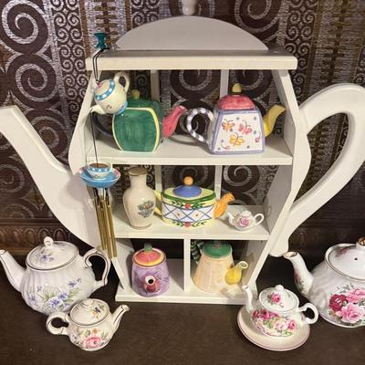 : Wooden Teapot Display Shelf + Mini Porcelain Teapot Collection
