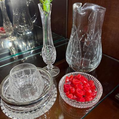 Vintage Crystal Collection – Block Etude Pitcher, Waterford Vase, Bowl with Silver-Tone Rim & Short 