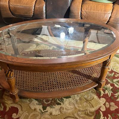 Wood / Cane oval beveled Coffee Table