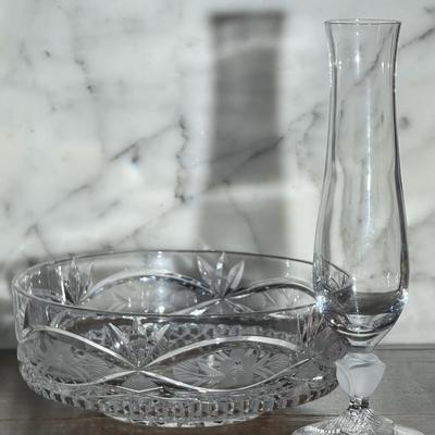 American Brilliant Glass Cut Bowl & Crystal Bud vase