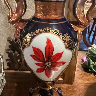 Vintage Rare Lindner Kueps Bavaria Cobalt Blue Vase – Poinsettia Motif, 24K Gold Accents