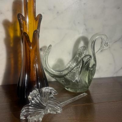 MCM  Swung vase & Blown Glass Swan and Flower 