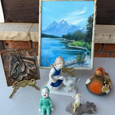 Karen Jones Landscape 8" X 10" Oil Painting, (2) Napco Elfs, Mexico Bird, Copper Horse Plate, And More