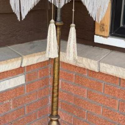 Antique 60" Standing Wood Base Double Pull Lamp With Victorian Custom Beaded Shade