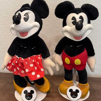 Pair Of Disney By Applause Wood Face 17" Mickey And Minnie Mouse Dolls With Stands