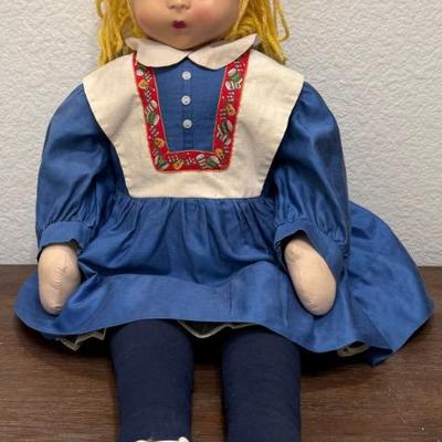 32" Hand Made 1940's Holland Rag Doll With Yarn Hair